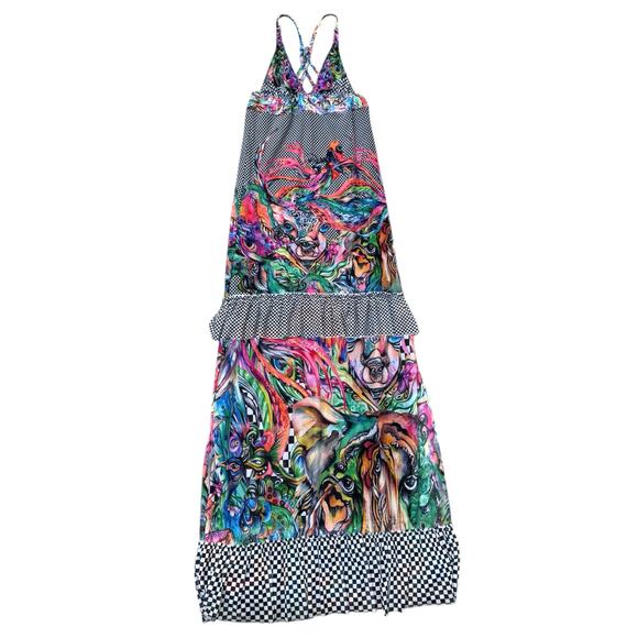 Agua Bendita Dress Maxi Tiered Ruffle Check Multicolor Plumaje Strappy Back L - Picture 1 of 8